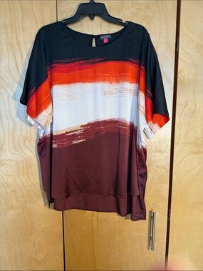 Vince Camuto Black, Burgundy, White & orange Brushstroke Short-Sleeve Blouse